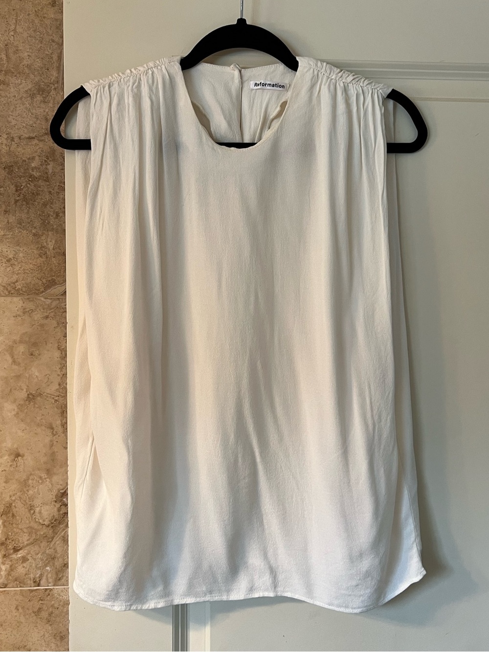 Cream Sleeveless Gathered-Yoke Blouse